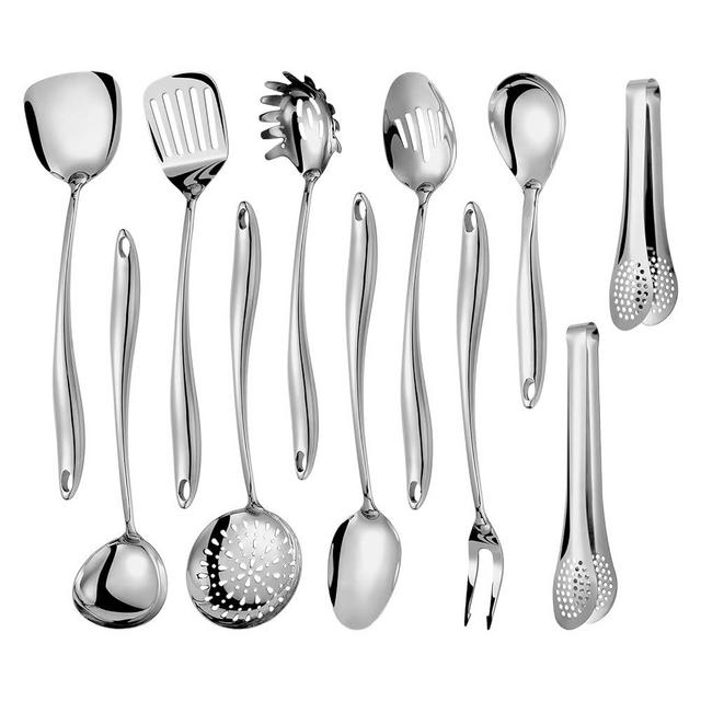 304 Stainlss Steel Kitchen Utensils Set, 11 Pcs Long Metal Cooking Utensil Gadgets Tools Set with Spatula, Ladle, Spoon, Ladle, Skimmer, Tunner, Pasta Server, Tongs(Mirror Polished, Dishwasher Safe)