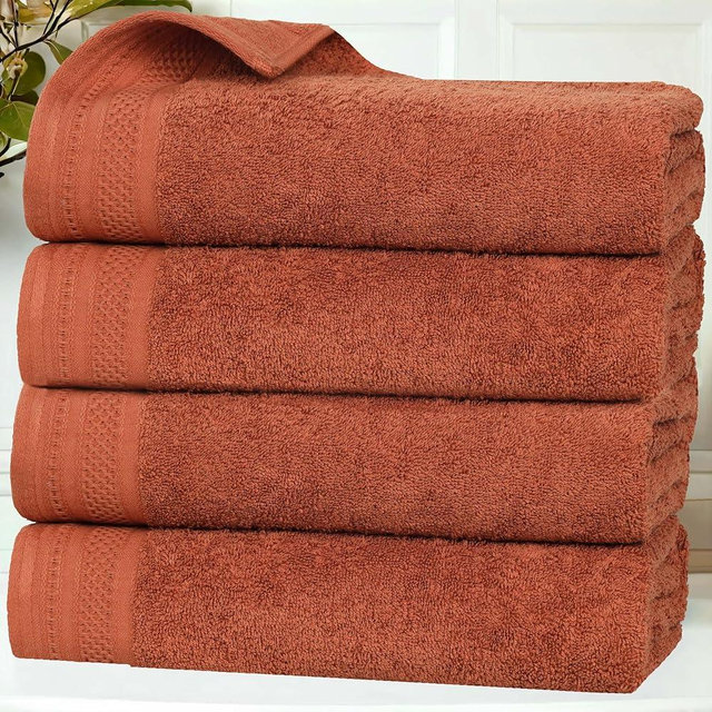 Superior Honeycomb Cotton Medium Weight Towels, for Guest Bath, Master Bathroom, Shower, Quick Dry, Adults, Home Essentials, Textured Waffle Border, Towel Set, Bath Towels, Set of 4, Rust