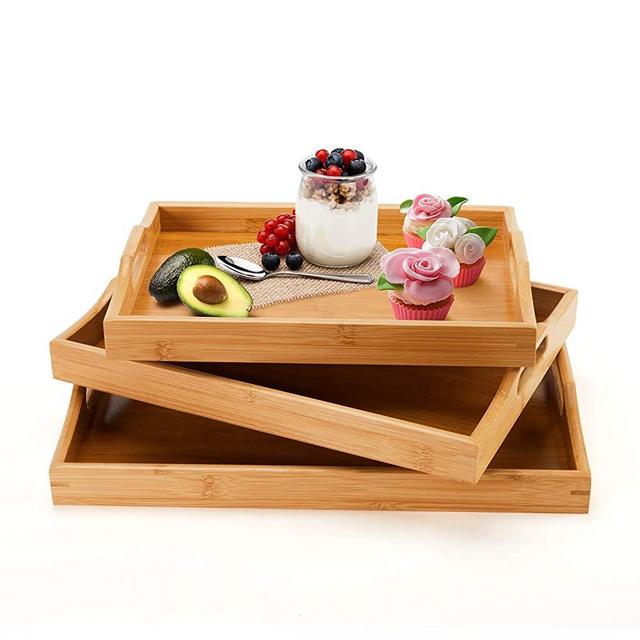 Bamboo Serving Tray with Handles, Large Food Trays for Eating Breakfast, Set of 3 Coffee Table Ottoman Décor Tray