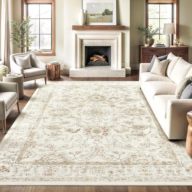 Madane 8x10 Area Rugs for Living Room, Machine Washable Vintage Rug with Anti-Slip Backing, Soft Floral Print Large Rugs, Foldable Thin Area Rug for Bedroom Dining Room, Wood/Ivory