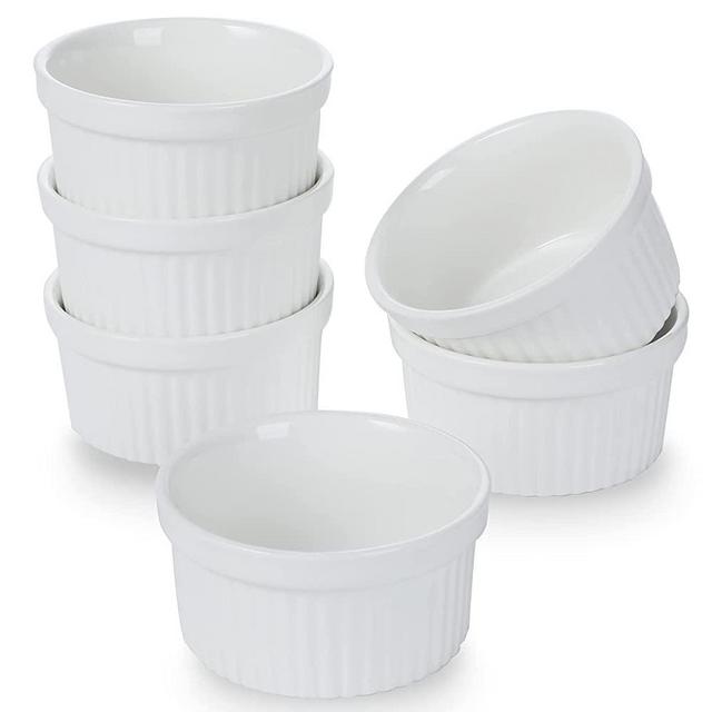 4 oz Ramekins - 6 pcs Porcelain Ramekins Dishes for Souffle,Creme Brulee, Pudding, Custard Cups,Bakeware Bowls Set for Baking,Oven Safe, White 3.5 inch