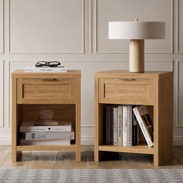 Walsham Natural Nightstands Set 2, Boho Bed Side Table for Living Room, Minimalist Night Stand with Drawer and Storage Shelf - Farmhouse End Tables for Bedroom (Weathered Oak, 2 Set)