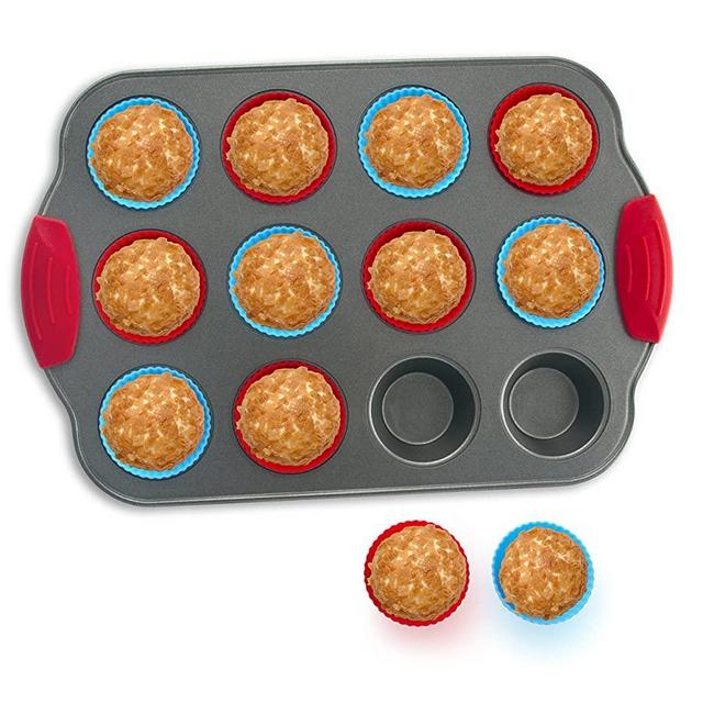 Boxiki Kitchen 12-Cup Mini Muffin Pan with Silicone Muffin Cups (Set of 12) Professional Nonstick Bakeware | Heavy Grade Steel