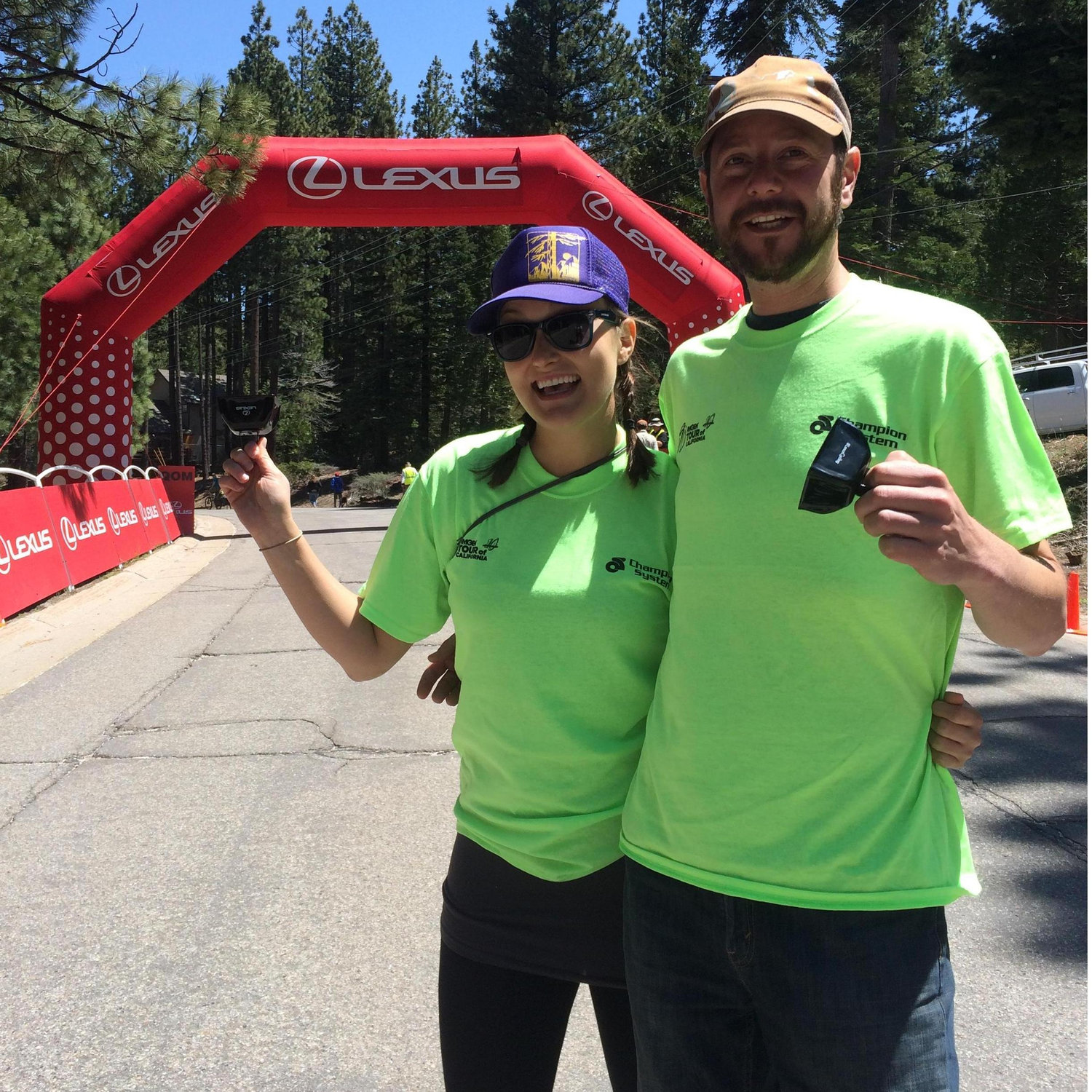 Volunteering at the Amgen Bicycle Race with cowbells in hand.