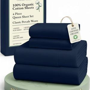 LANE LINEN Eco Friendly 100% Organic Cotton Bed Sheets Queen Size, Soft & Comfy Percale Weave, Fully Elasticized Mercerized Naturally Cooling Cotton Sheets Queen Size Set- Navy