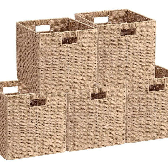 WENFOME 5 Pack Woven Storage Baskets for Shelves, Paper Rope Handmade Open Storage Bins, Pantry Baskets Organization Basket Seagrass Baskets Folding Storage Basket for Toy, Wicker Basket for Bedroom