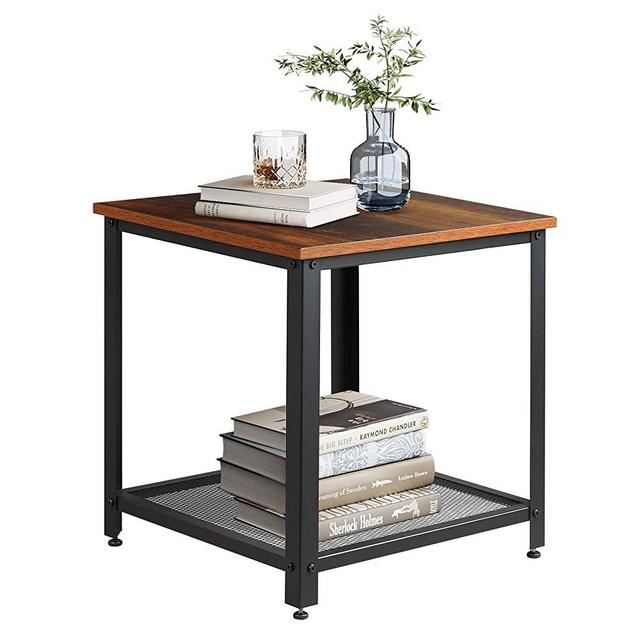 WLIVE Industrial Square End Table, 2-Tier Side Table with Mesh Storage Shelf, Wood Accent Furniture with Metal Frame, Adjustable, Easy Assembly, Rustic O9 Oak