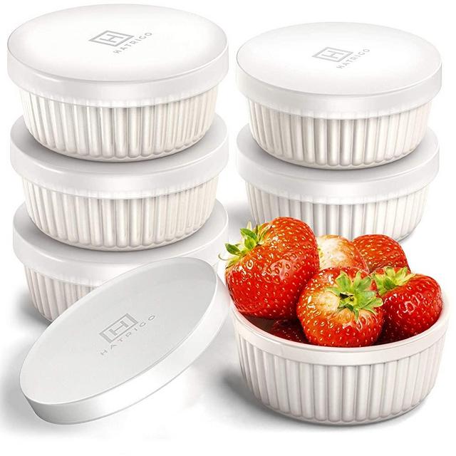 Hatrigo Porcelain Ramekins with Silicone Storage Lids, Set of 6 White Ramekins, 8 oz Oven Safe to 450 deg F, Dishwasher Safe