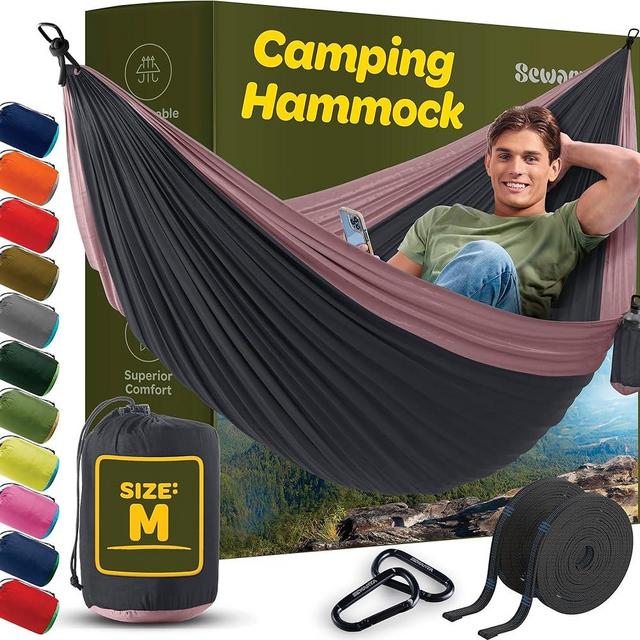 Durable Hammock 400 lb Capacity, Nylon Camping Hammock Chair - Double or Single Sizes w/Tree Straps and Attached Carry Bag - for Travel/Backpacking/Beach/Backyard (Medium,Dark Gray & Dusty Pink)
