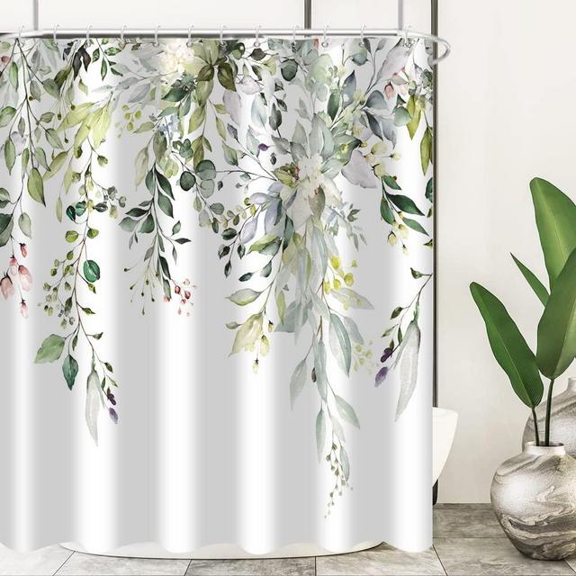 GCIREC Eucalyptus Shower Curtain, Watercolor Green Leaves on The Top Plant with Floral Bathroom Curtain Bathtub Home Decor Waterproof Fabric Machine Washable with 12 Hooks