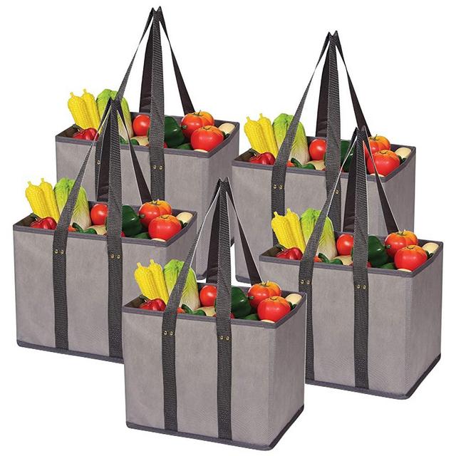 5 Pack Large Reusable Grocery Bags Foldable Durable Heavy Duty Tote Bag Set Eco Friendly Collapsible Shopping Cart Boxes Storage Bins Cubes with Long Handles & Reinforced Bottom