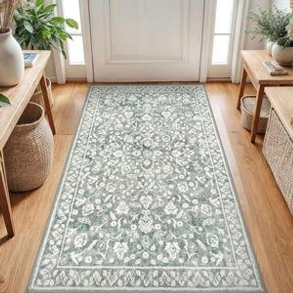 3x5 Washable Rug for Entryway, Super Soft Sage Green Grey Entryway Rug with Non-Slip, Printed Faux Wool Floral 3x5 Area Rug Thin Floor Carpet for Kitchen, Bedroom, Living Room