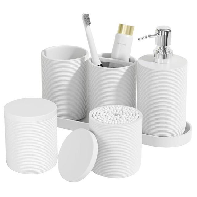 6-Piece Bathroom Accessory Set Resin, White Bath Accessories Complete with Toothbrush Holder, Lotion Soap Dispenser, 2 Qtip Holders,Vanity Tray,Bathroom Tumbler - Countertop Vanity Organizer