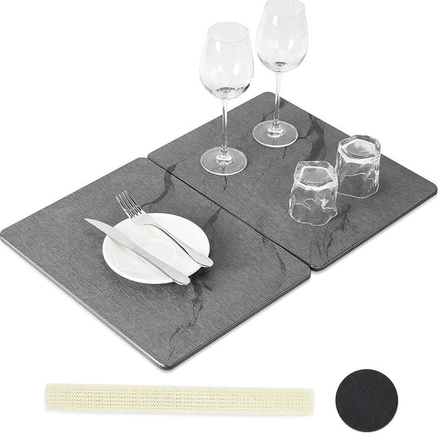 Large Stone 24"x16" Dish Drying Mat for Kitchen Counter, Non-Slip Natural Diatomaceous Earth Mat, Absorbent Fast Drying, Stone Drying Rack Foldable & Eco-Friendly - Gray