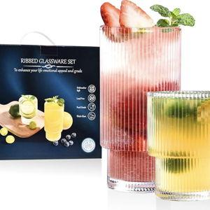 Small Ribbed Glassware Set of 12, Glass Cups 12 oz and 7 oz, Fluted Glassware, Stackable Glasses, Cups for Kitchen, Gift Box Set