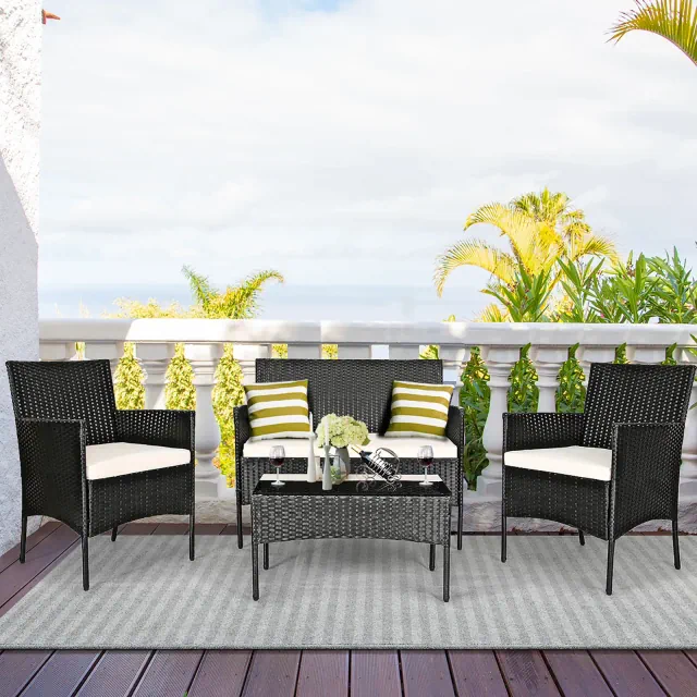 Costway 4PCS Patio Rattan Seating Set Cushioned Sofa Coffee Table Backyard Porch