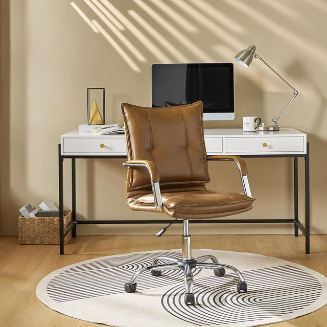 HULALA HOME Faux Leather Home Office Desk Chair, Adjustable Swivel Computer Chair with Sliver Legs and Arms, Comfy Upholstered Task Chair(Brown)