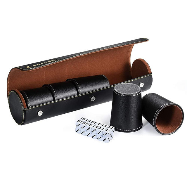 Party Games Leather Dice Cup Set, 5 Black Leather Dice Cups + 25 Dice + Exclusive Storage and Transport Case Made of Faux Leather with Magnetic Closure