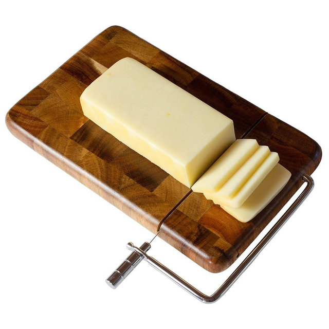 Rock & Branch Acacia Wood Cheese Slicer Board with Stainless Steel Wire Cutter, Wooden Cheese Serving Board for Charcuterie, Non-Slip Feet, 9.5" x 5.6"