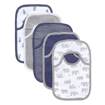 Burt's Bees Baby® 5-Pack Wandering Elephants Organic Cotton Bibs in Heather Grey