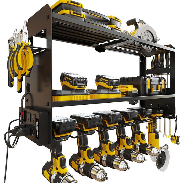 MOOMSINE Power Tool Organizer Wall Mount with Charging Station, Cordless Drill and Battery Holder for Garage and Workshop Organization, Heavy Duty Metal Tool Storage Rack with 5 Outlets, Black