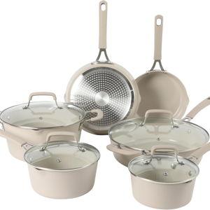Martha Stewart Heathland Premium Nonstick PFA Free Ceramic Interior 10-Piece Tapered Aluminum Cookware Set - Taupe