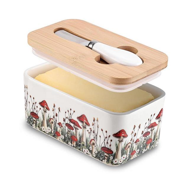 Fungi Fun Ceramic Mushroom Butter Dish with Lid Large Countertop Butter Keeper with Knife & Silicone Seal, Decorative Butter Container for Home Kitchen Idea