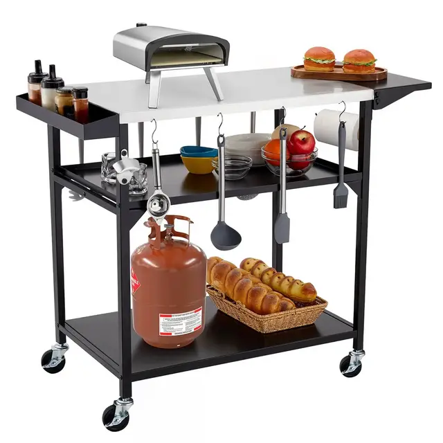 Outdoor Grill Table Cart with 4 Wheels, Stainless Steel Pizza Oven Tables for Outside, Movable Prep Table Cooking Station