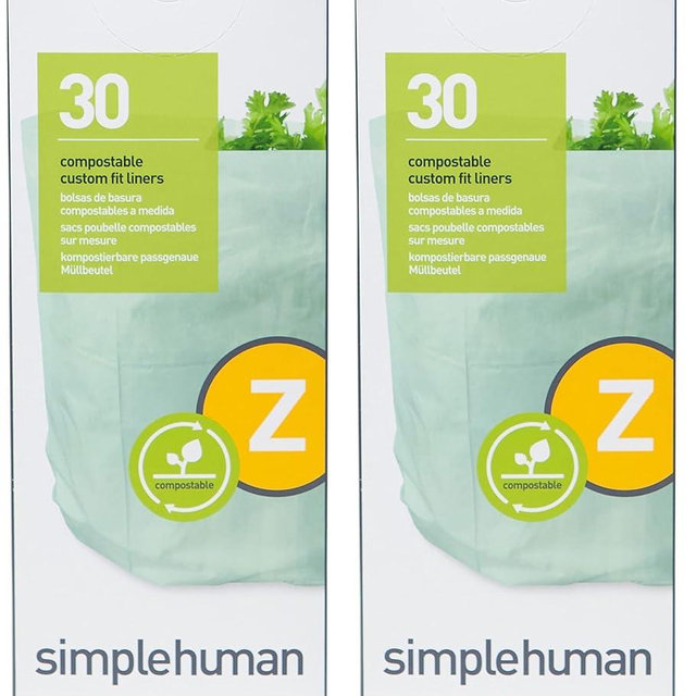 simplehuman Code Z Compostable Custom Fit Liners, Certified Compostable Trash Bags for Compost Caddy, Plant-Based PVOH Plastic, Backyard or Commercial Composting, 4 Liter / 1 Gallon (Pack of 60)