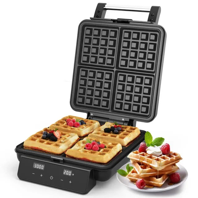 Heynemo Waffle Maker 4 Slices with Quick Heat-Up, Time & Temperature Control, LCD Display, Nonstick Surface, Stainless Steel, Waffle Iron, Black