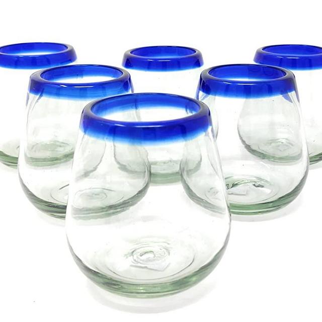 Dos Sueños Hand Blown Mexican Stemless Wine Glasses - Set of 6 Glasses with Cobalt Blue Rims (15 oz)