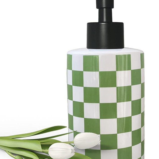 Bathroom Soap Dispenser with Matte Black Pump White Ceramic Soap Dispenser for Kitchen Checkerboard Empty Pump Bottle (Green)
