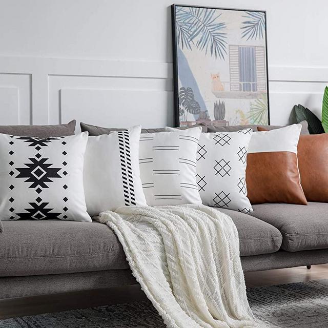 DeChicor Throw Pillow Covers - Set of 6, 18” x 18”, Modern Design Geometric, Boho, Decorative Square Pillow Cases with Faux Leather for Couch Bed Home Decor