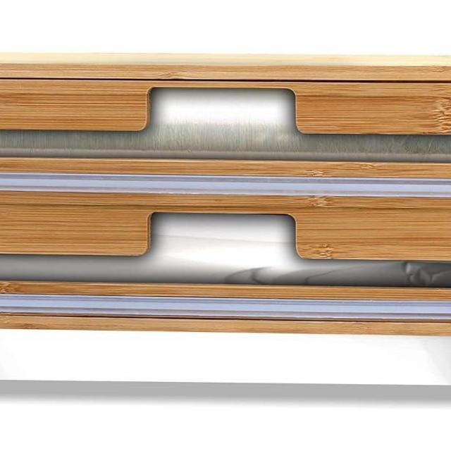 Emeril Lagasse Bamboo Double Wrap Dispenser with Cutter – Wall-Mountable Foil & Plastic Wrap Organizer, Hidden Sliding Cutter for Safe & Precise Cuts – Durable Bamboo Design