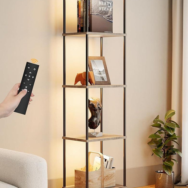 Display Shelf with RGBCW Light, Color Changing Curio Cabinet Floor Lamp with Shelves Corner Standing Column Lamp Etagere Organizer Tower Nightstand Bookcase for Living Room Bedroom Office Décor, Grey