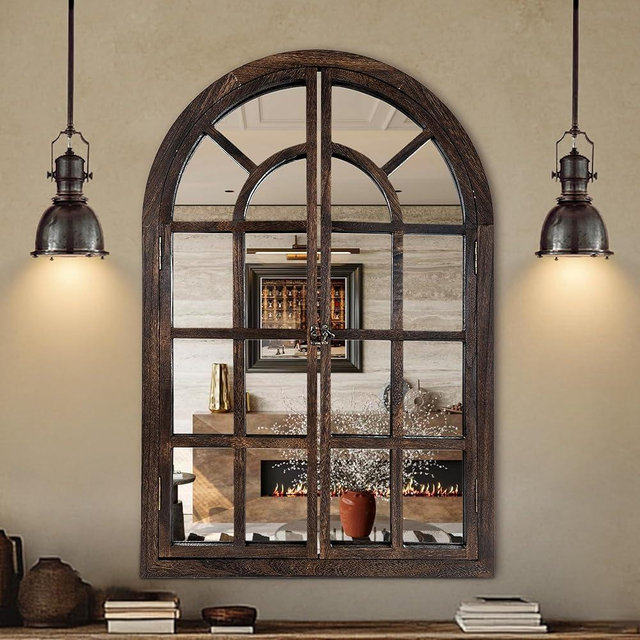 AMOISE Arched Wall Mirror with Window Pane Design 38 x 26 Inch Rustic Farmhouse Wood Decorative Mirror for Living Room Bedroom Entryway