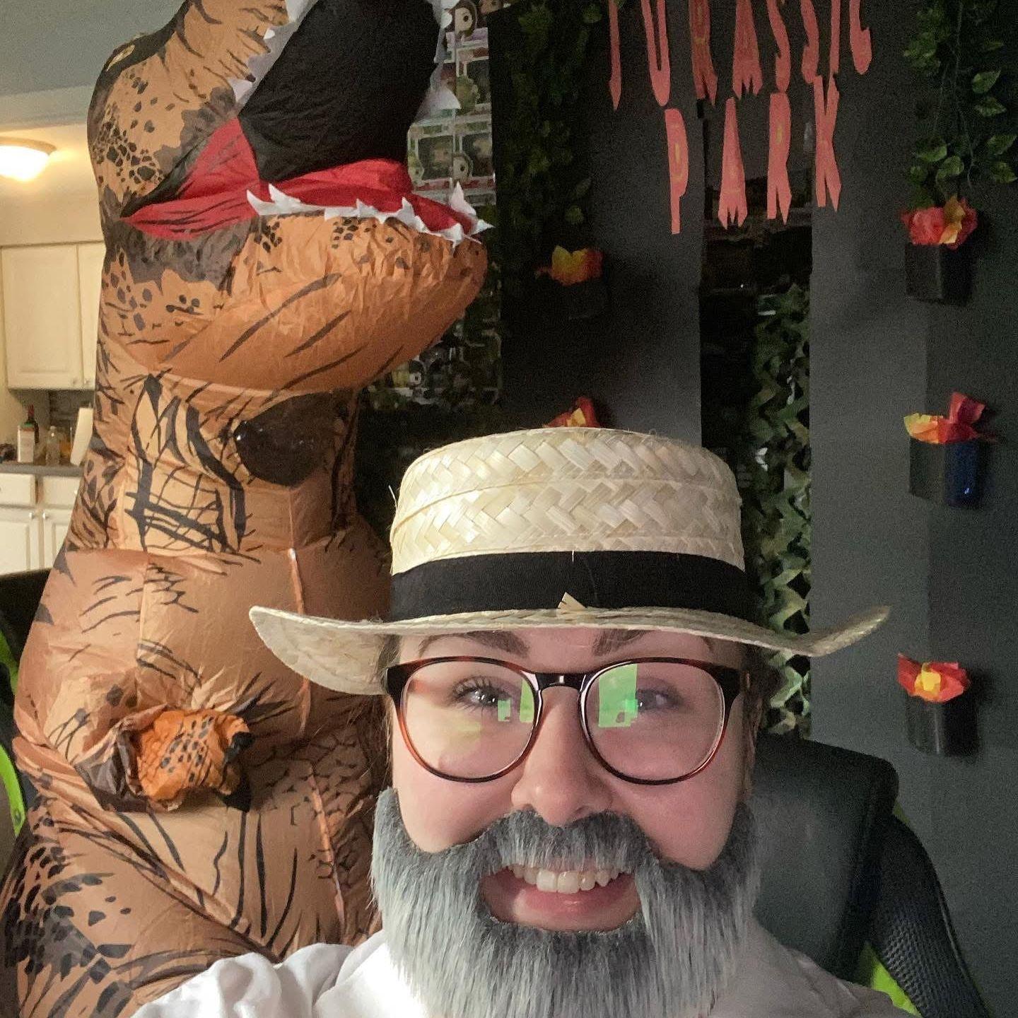 Molly and Balti dressed up as John Hammond and a T-Rex  Molly's work Halloween party - 2020