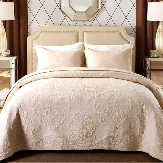 ABREEZE Cream Bedding King Size Cotton Vintage Floral Paisley Quilt Set Scalloped Comforter Bedspread Quilted Coverlet Cotton Beige Comforter King Size 3 Pieces