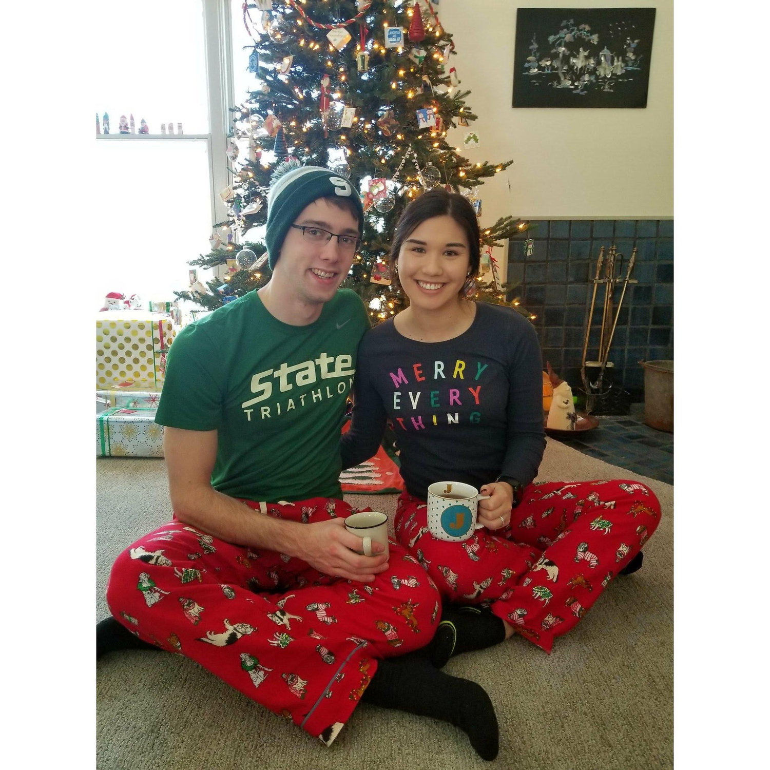 Celebrating Christmas in matching pajamas-a tradition Julia hopes to continue!
