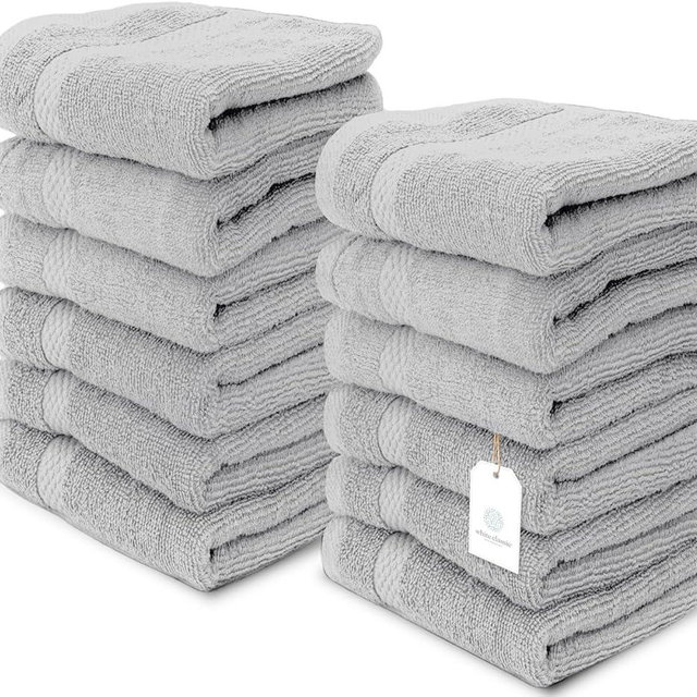 White Classic Luxury Cotton Washcloths - Large Hotel Spa Bathroom Face Towel | 12 Pack | Dolphin Gray