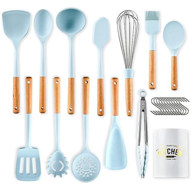Keidason Kitchen Silicone Cookware Set, Kitchen Utensil Set 13 Pieces, Non-Stick Heat Resistant Silicone, BPA Free, Solid Wood Handle Cookware - Morandi Blue