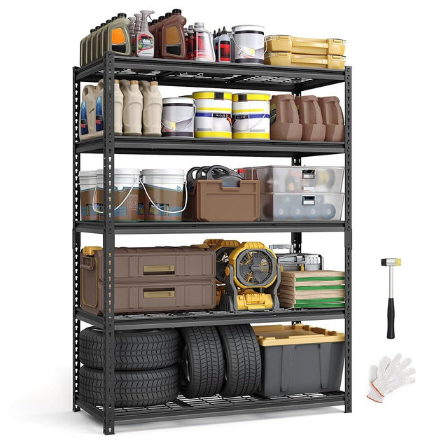 SONGMICS 5-Tier Storage Shelves, Heavy-Duty Garage Shelving, Adjustable Shelving Unit, Steel Shelf, Boltless Assembly, for Garage, Shed, 2,200 lb Load, 24 x 48 x 72 Inches, Ink Black UGLR454B01