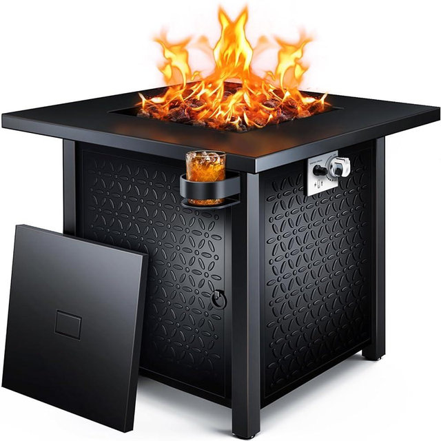 Ciays Propane Fire Pit, 28-inch Fire Pit Table with Two Cup Holders, 50,000 BTU Steel Gas Fire Pit with Pulse Ignition System, Perfect for Patio, Garden & Backyard Gatherings, CIFPT11B, Black