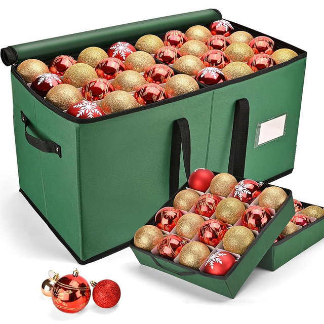 Keten Christmas Ornament Storage Boxes with 8 Individual Trays, Fits 128 Holiday Ornaments 3-Inch, Christmas Ball Accessories Container with 48 Dividers, Dual Zippered Closure, 600D Oxford (Green)