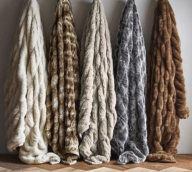 Faux Fur Ruched Throws- Gray