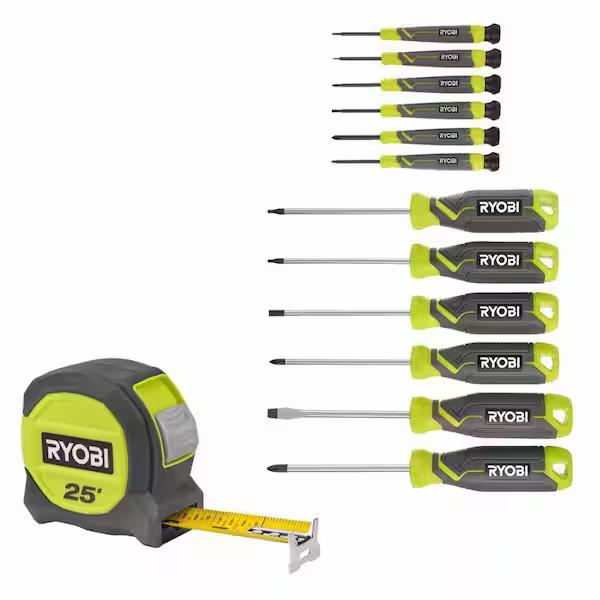 RYOBI 25 Ft. Compact Tape Measure with Screwdriver Set (12-Piece) with Cushion Grip Handles RHTM25-RHSDS04