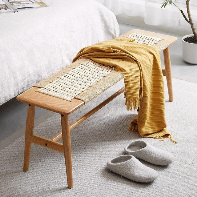 Knocbel Farmhouse Small Entryway Bench with Woven Rope Top and Solid Wood Frame, Living Room Entry Hallway Foyer Bench Seat Bedroom End of Bed Bench, 31.5" W x 11.8" D x 16" H (Beige and Brown)