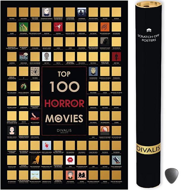 Top 100 Horror Movies Scratch off Poster - Large Cinema Scratchable Poster - Horror Films of all Time Bucket List - 24x16" Easy to Frame Scratchable Checklist Poster - Must See Movie Challenge - 100 Essential Horrors Scratch off Calendar with Scratcher Included - Greatest Horrors to Watch