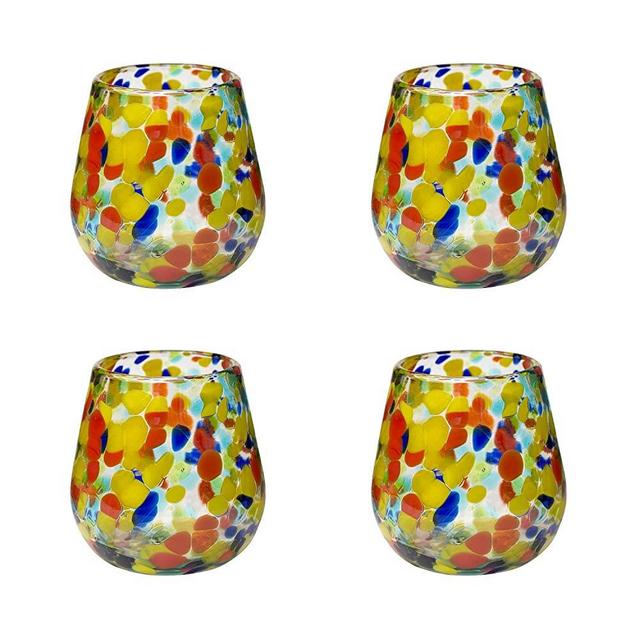 Amici Home Carnaval Collection Stemless Wine Glasses, Imbedded Opaque Beads, Authentic Mexican Handmade Tabletop Glassware,16-Ounce, Set of 4