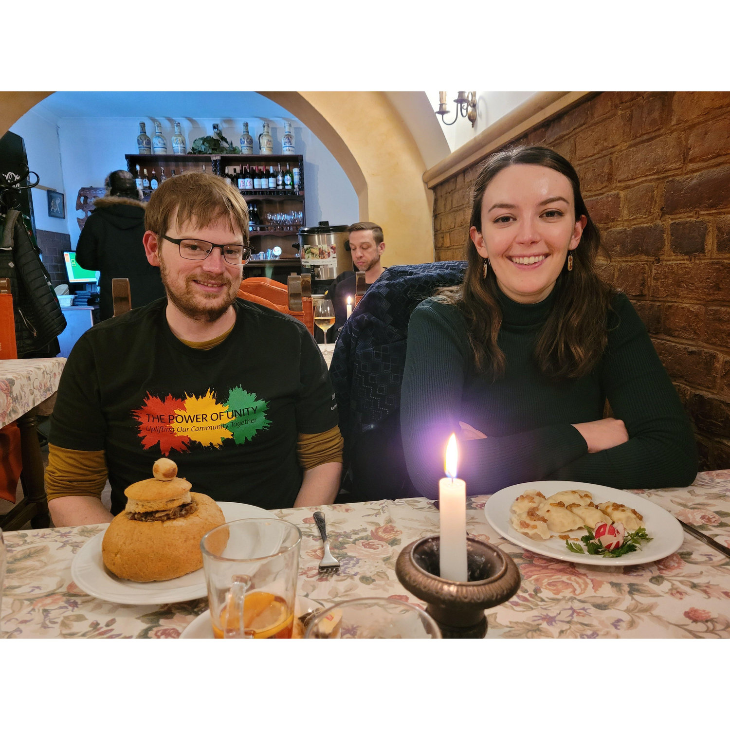 Enjoying a classic Polish dinner, complete with a bread hat for Jack's soup.